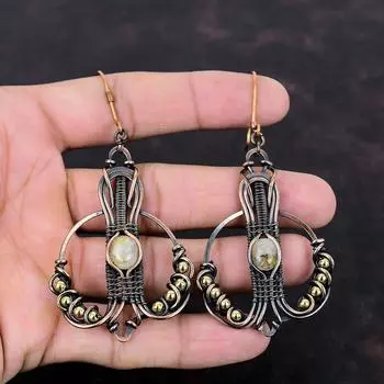 Золотые серьги с рутилом, серьги из медной проволоки, ювелирные изделия ручной работы с золотым рутилом, серьги из натурального драгоценного камня, ювелирные изделия из медной проволоки, свадебный подарок