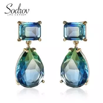 Золотые серьги SODROV с турмалином и цирконом в форме груши