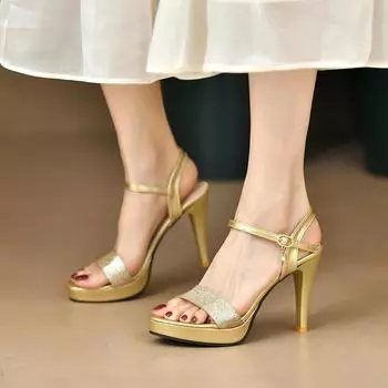 Золотые серебряные блестящие босоножки на высоком каблуке для женщин, лето 2024, туфли-лодочки на платформе с ремешком на щиколотке, женские сексуальные туфли на шпильках для вечеринок 35 золотой