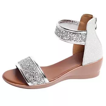 Золотые серебряные босоножки на танкетке с пайетками для женщин, легкие гладиаторские туфли с молнией сзади, женские летние удобные нескользящие пляжные сандалии 36