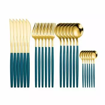 Золотые столовые приборы, набор из 24 предметов, ножей, вилок, ложек, полировка, нержавеющая сталь, столовые приборы, вилки, столовая посуда
