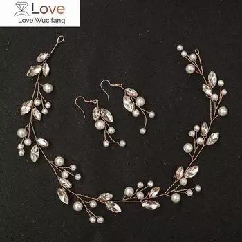 Золотые свадебные аксессуары для волос ободки и серьги набор для невесты головные уборы стразы жемчуг свадебная повязка ручной работы