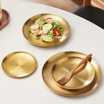 Золотые утолщенные обеденные тарелки из нержавеющей стали, круглый поднос для кофе, десертов, тортов, закусок, фруктов, стейков, корейские столовые приборы, металлическая тарелка