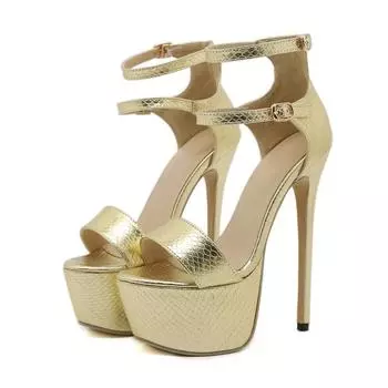 Золотые женские босоножки на платформе 16 см, с двойной пряжкой на ремешке, на шпильке, сексуальные, для вечеринки, для танцев на пилоне, женская обувь 35