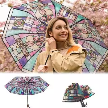 Зонт автоматический японский 23-дюймовый церковный стеклянный зонт прозрачный POE прямой шест длинная ручка солнечный зонт стеклянный красочный узор One Size