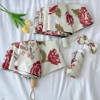 Зонт компактный складной дорожный зонт УФ-защита ветрозащитный ретро зонтик с розовым узором для улицы A