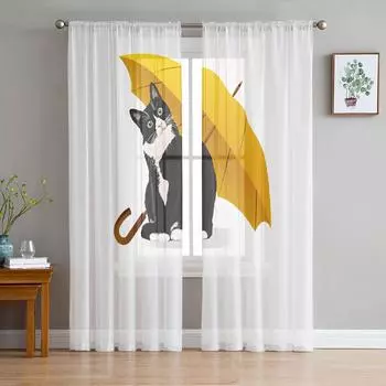 Зонт Кот Белый Окно Обработка Тюль Современные Прозрачные Шторы для Кухни Гостиной Спальни Шторы Украшения W135 x H114cm