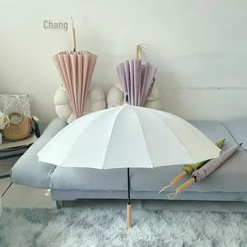 «Зонт Rainbow из 16 костей с деревянной ручкой — большой, двойной навес для защиты от солнца и дождя» Leather Straight Handle