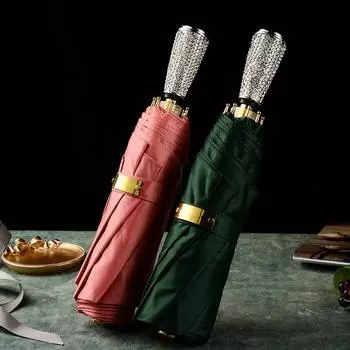 Зонт с ручкой, инкрустированный бриллиантами, женский складной зонт от дождя и непогоды, атласный легкий роскошный зонт, однотонный литературный креативный тройной складной зонт