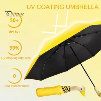 Зонт тройного сложения с деревянной ручкой в виде головы утки, солнцезащитный зонт, ветрозащитный, легкий, с защитой от ультрафиолета, складной зонт от солнца и дождя, дорожный мини-карманный розовый