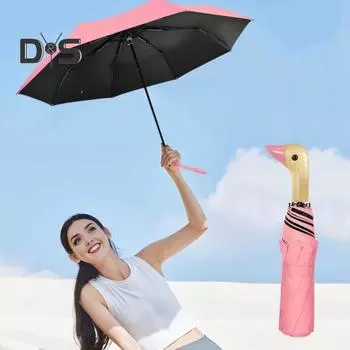 Зонт тройного сложения с деревянной ручкой в виде головы утки, солнцезащитный зонт, ветрозащитный, легкий, с защитой от ультрафиолета, складной зонт от солнца и дождя, дорожный мини-карманный розовый