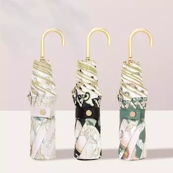 Зонт тройного сложения, солнечный, дождевой, складной, двухцелевой, винтажный, солнцезащитный, с защитой от ультрафиолета, изогнутой ручкой, золотой крючок, зонты