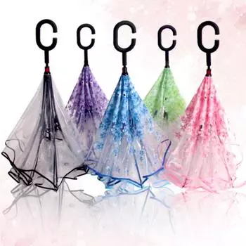 Зонт водонепроницаемый с С-образной ручкой и перевернутыми цветами вишни, двухслойный, перевернутый розовый