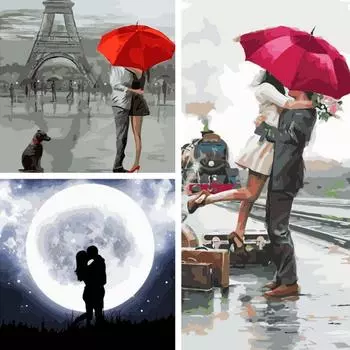 Зонтик для влюбленных, романтическая картина маслом по номерам, акриловый рисунок на льне, сделай сам, декор для дома и офиса, новинка 1-40x50cm