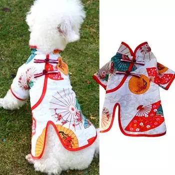 Зонтик с веером для домашних животных Cheongsam с принтом, раздельный край, дисковая пряжка, летняя собака, двуногий 2XL красный