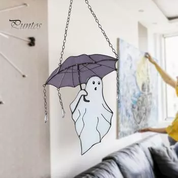 Зонты на Хэллоуин, привидение, подвесное украшение для дома, офиса, помещения, улицы, витражное стекло, мультяшное привидение, настенное подвесное украшение для окна фиолетовый