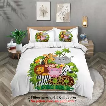Zoo Duvet Cover Giraffe Lion Elephant Pattern Three-Piece Bedding Set 135x200cm