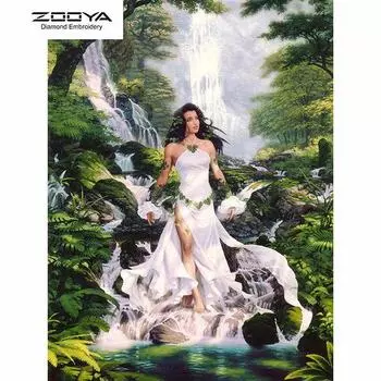 ЗООЯ DIY 5D Полный Круглый Алмазная Картина Водопад Женщина Вышивка Крестом Ремесло Стежок Домашний Декор