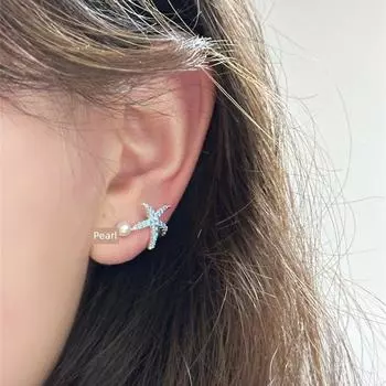 Zoozmini Simple Summer Beach Blue Starfish Stud Earrings Sweet and Cute Small High-End Earrings Fresh Earrings Pearls 6mm