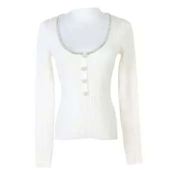 Zoya French 2024 Осень/Зима Вязаный топ с длинными рукавами облегающего кроя, украшенный бриллиантами Large