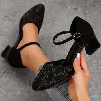 Зрелые толстые каблуки, высокие каблуки, односложные сандалии с пряжкой, женские туфли с сумкой на голову, полые каблуки, рабочая обувь 36 чёрный