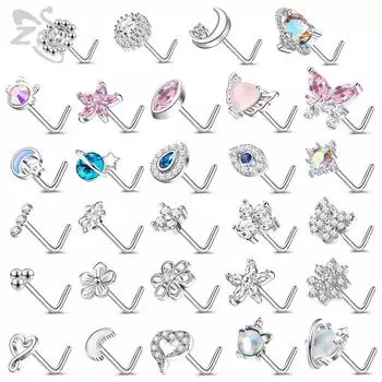 ZS 1 шт. симпатичный пирсинг для носа с кристаллами CZ L-образной формы, 20 г, нержавеющая сталь, пирсинг для носа, цветок, луна, форма сердца, циркон, пирсинг для ноздри Style 1
