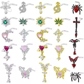 ZS 1 шт. симпатичный пирсинг для носа с кристаллами CZ 20 г L-образный из нержавеющей стали в форме панка черного цвета, пирсинг ноздри в виде паука и летучей мыши Style 9-Gold