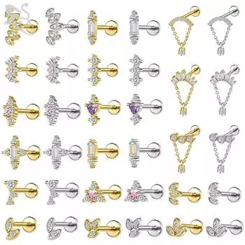 ZS 1 шт., золотистый цвет, 16 г, нержавеющая сталь, лабрет, пирсинг для губ, для мужчин и женщин, хрящ уха, козелок, пирсинг с плоской задней частью Silver Color