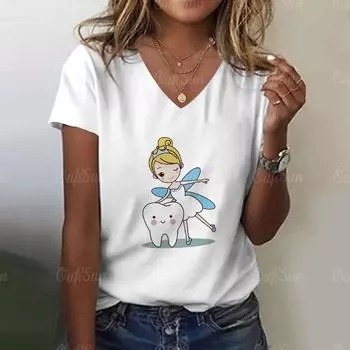 Зуб и стоматолог графическая эстетика женская забавная 3D принт женская футболка девушка Y2k Harajuku Basis V-образный вырез белая рубашка короткие топы S