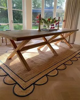 Зубчатые джутовые коврики с синей каймой, прямоугольный джутовый коврик ручной работы с зубчатым бохо-декором 90cm x 150cm естественный