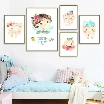 Зубная фея, зубная щетка, зубная паста, детская настенная живопись, холст, картина, плакат на скандинавскую тему, настенные панно, декор для ванной комнаты для маленьких девочек 21x30cm No Framed