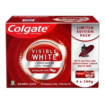Зубная паста для отбеливания зубов Colgate Visible White 400 г с жидкой матовой губной помадой Maybelline Sensational 2 мл