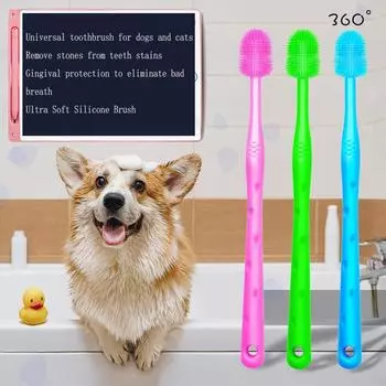 Зубная щетка для домашних животных 1 шт. для кошек и собак, универсальная чистка зубов, профилактика зубного камня, мягкие щетинки, силиконовые принадлежности для чистки домашних животных зелёный