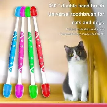 Зубная щетка для домашних животных, супермягкая силиконовая щетина, зубная щетка для чистки полости рта, двусторонняя зубная щетка для кошек розовый