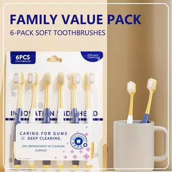 Зубная щетка для взрослых с широкой головкой и мягкой щетиной, ручная зубная щетка, сверхмягкая щетина для эффективной чистки чувствительных зубов или десен (6 упаковок) One Size