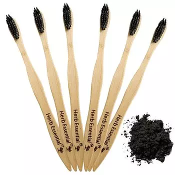 Зубная щетка Herb Essential Bamboo, упаковка из 6 шт. | с ультрамягкими щетинками с активированным углем | Натуральная, биоразлагаемая и экологичная зубная щетка Pack of 6 коричневый