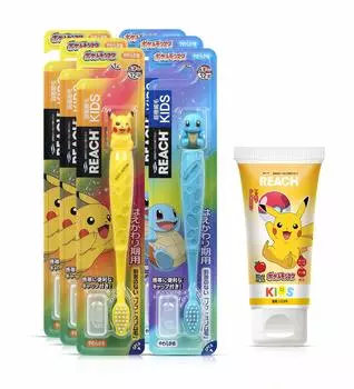Зубная щетка REACH Kids с цифрами 3 каждая 60 г зубной пасты ® (Пикачу и Сквиртл) +