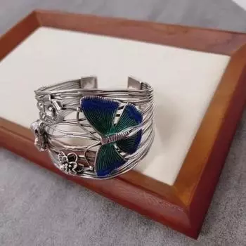 Zuyin 990 Бабочка Маленький Цветок Обожженной Синей Эмали Красочный Плетеный Браслет для женщин Ретро Этническая Мода Бабочка Любовь Цветок Серебряный Браслет Adjustable size