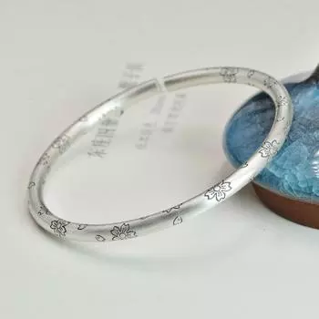 Zuyin 9999 Ретро матовый браслет с цветком вишни открытый браслет из чистого серебра простой художественный однотонный браслет для подарка маме и подруге Adjustable size