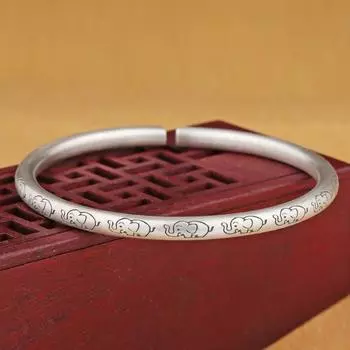 Zuyin 999,9 открытый браслет Lucky Elephant с круглым стиком, женский ретро-этнический старинный стиль, однотонный подарок со слоном для фестиваля лучшего друга Adjustable size