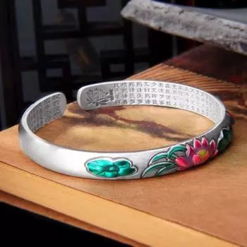 Zuyin 999,9 Винтажный браслет с эмалью и росписью в виде лотоса, изысканная скульптура из листьев лотоса и сердца сутры, серебряный браслет, открытый браслет Adjustable size