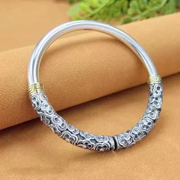 Zuyin 999,9 винтажный однотонный браслет из благоприятного облака с золотым обручем, чистый серебряный этнический стиль, мужская и женская индивидуальность, маленький и популярный браслет Adjustable size