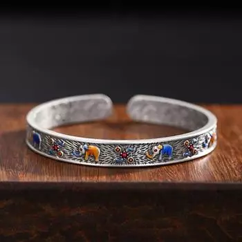 Zuyin 999 Эмаль Благоприятный Браслет со Слоном для мужчин и женщин Ретро Этнический Стиль Благоприятный Слоновый Лес Кружевной Браслет Светлый Роскошный Adjustable size
