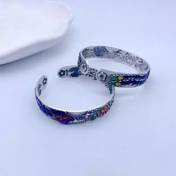 Zuyin 999 Эмаль Двойной Феникс Пион Браслет Феникс Ищущий Феникс 3D Рельеф Выжженный Синий Ремесло Чистый Серебристый Браслет Феникс Adjustable size