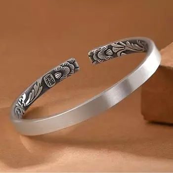 Zuyin 999 ретро гладкий старый матовый внутренний резной рельеф Fuzi открытый серебряный браслет женский китайский стиль серебро Adjustable size