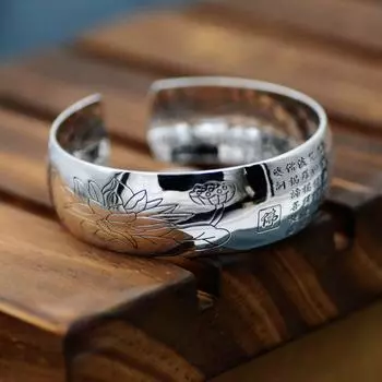 Zuyin 999 винтажный браслет из чистого серебра с надписью Будды Лотос Сутра, широкий браслет для лица Праджняпарамита, браслет с сердцем Сутры для женщин Adjustable size