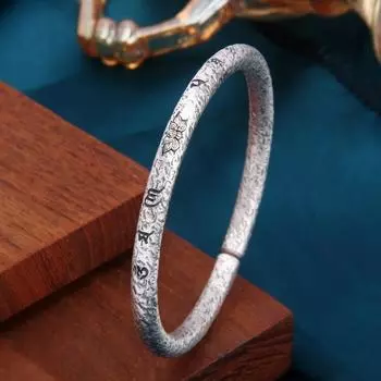 Zuyin S999 Древний молот Дхармы с узором из шести символов Истинные слова Лотос Браслет из чистого серебра для мужчин и женщин Открытый браслет для тяжелой промышленности для мамы Adjustable size