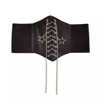 Звезда Цепь Широкие кушаки Широкий боковой пояс для платья Винтаж PU Кожаные пояса для вечеринки чёрный