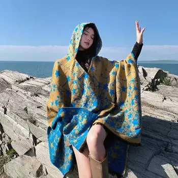 Звезда Двусторонняя Вязаная Шаль Путешествия Фото Башня Шарф Накидка С Капюшоном Накидка Для Женщин 130*150CM красный