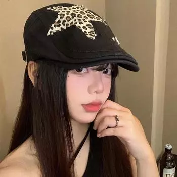 Звезда леопардовый принт наклейка вперед шляпа женская ниша большая окружность головы черный берет американский ретро лицо шляпа прилив M56-58cm чёрный